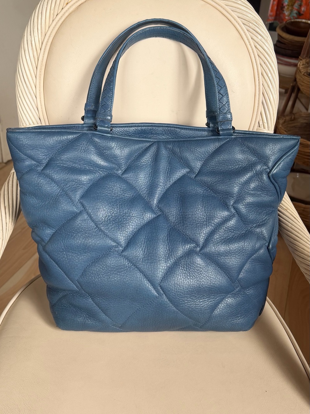 BOTTEGA VENETA Padded Grained Leather Cornflowerblue Sturdy Large Shopper Tote!